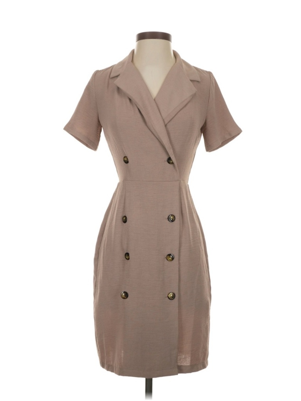 Montau: Los Angeles Taupe Double-Breasted Midi Dress with Notch Collar